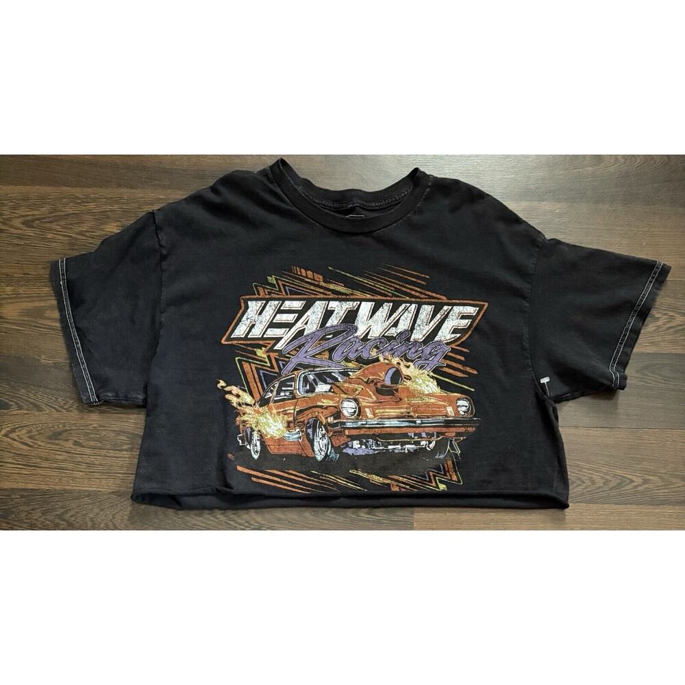 Vintage FULL TILT Heatwave Racing T-shirt Mens S Black Cotton Bottom Cut Tee